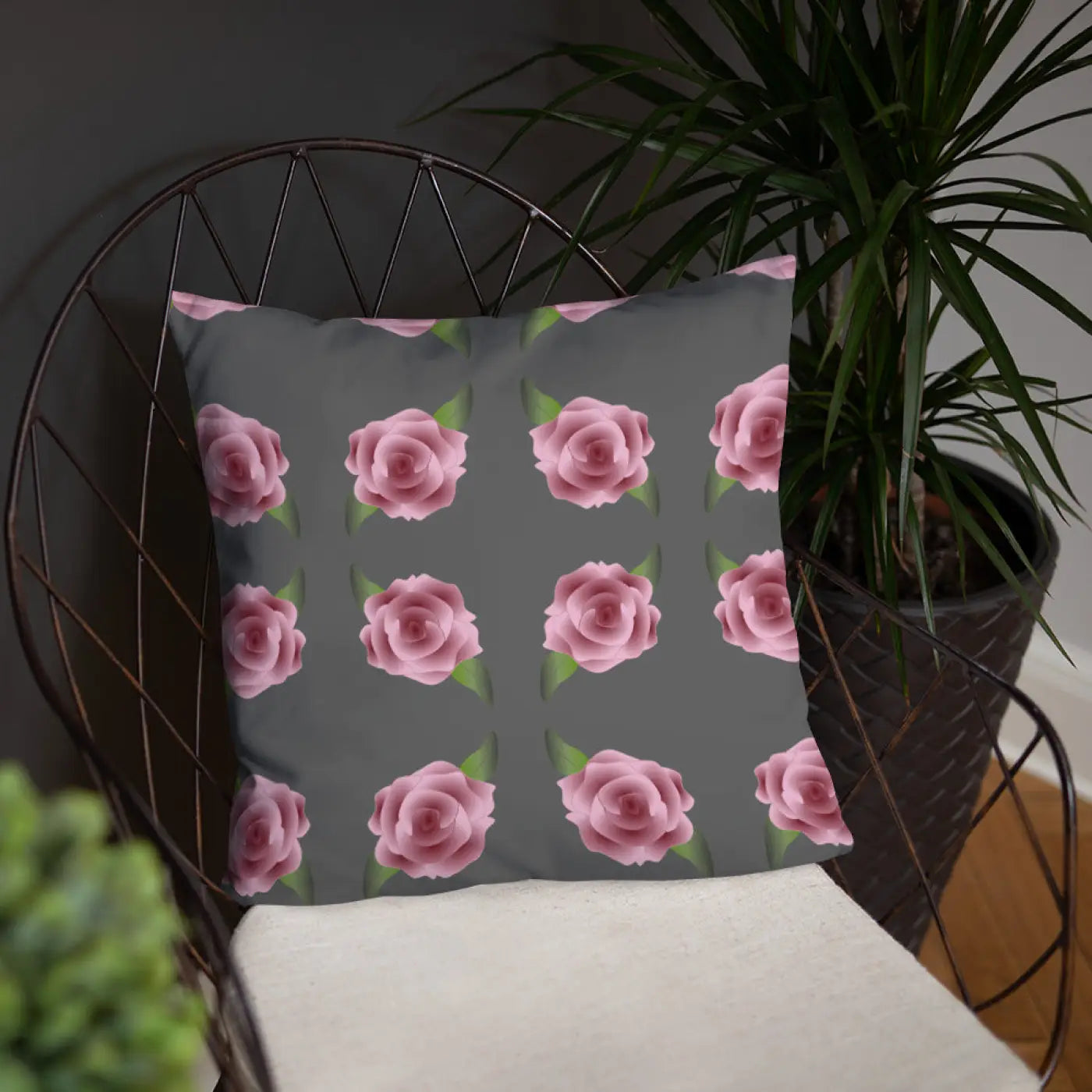 Grey Throw Pillows with Pink Roses - Concealed Zipper - DipaliZ
