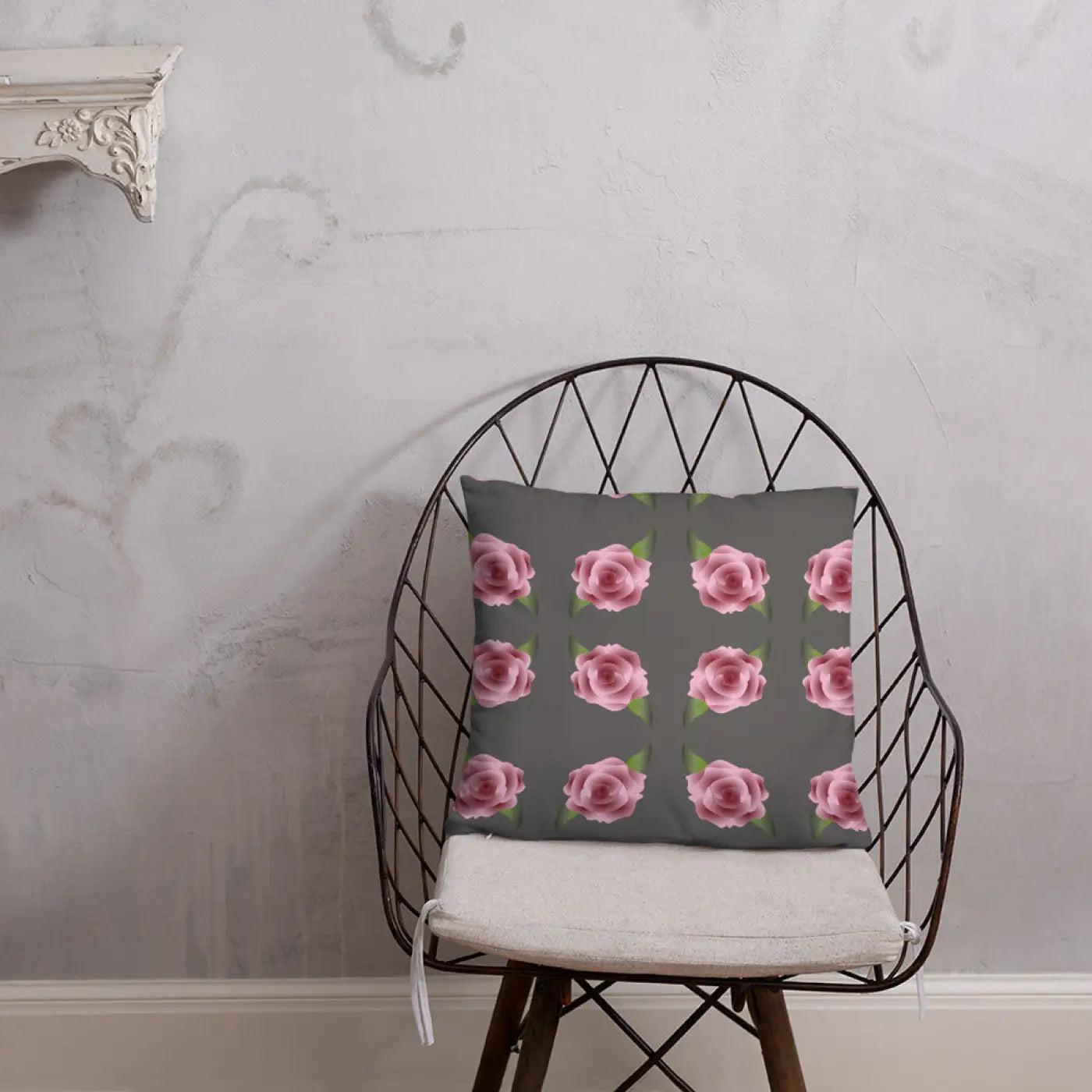 Grey Throw Pillows with Pink Roses - Concealed Zipper - DipaliZ