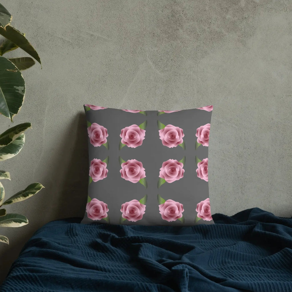 Grey Throw Pillows with Pink Roses - Concealed Zipper - DipaliZ