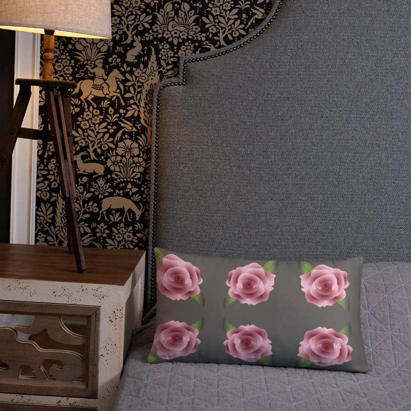 Grey Throw Pillows with Pink Roses - Concealed Zipper - DipaliZ
