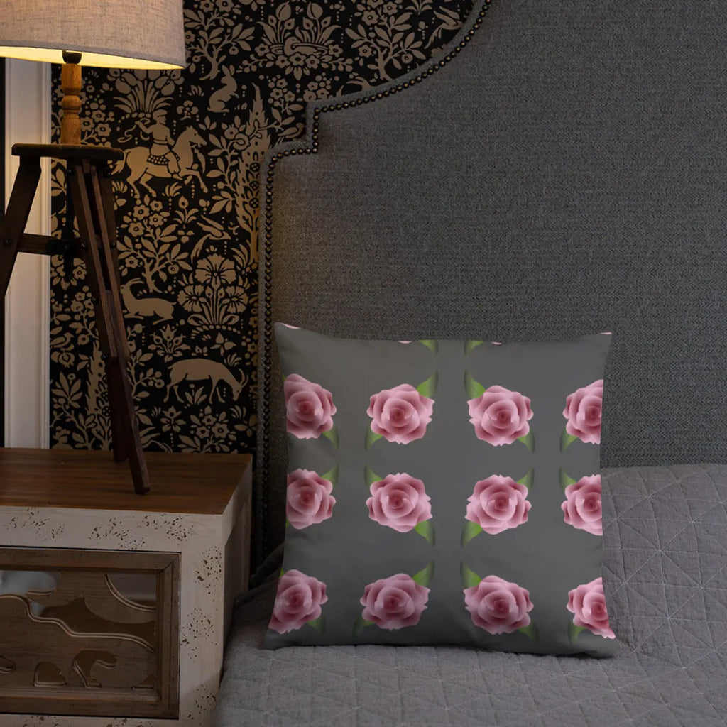 Grey Throw Pillows with Pink Roses - Concealed Zipper - DipaliZ