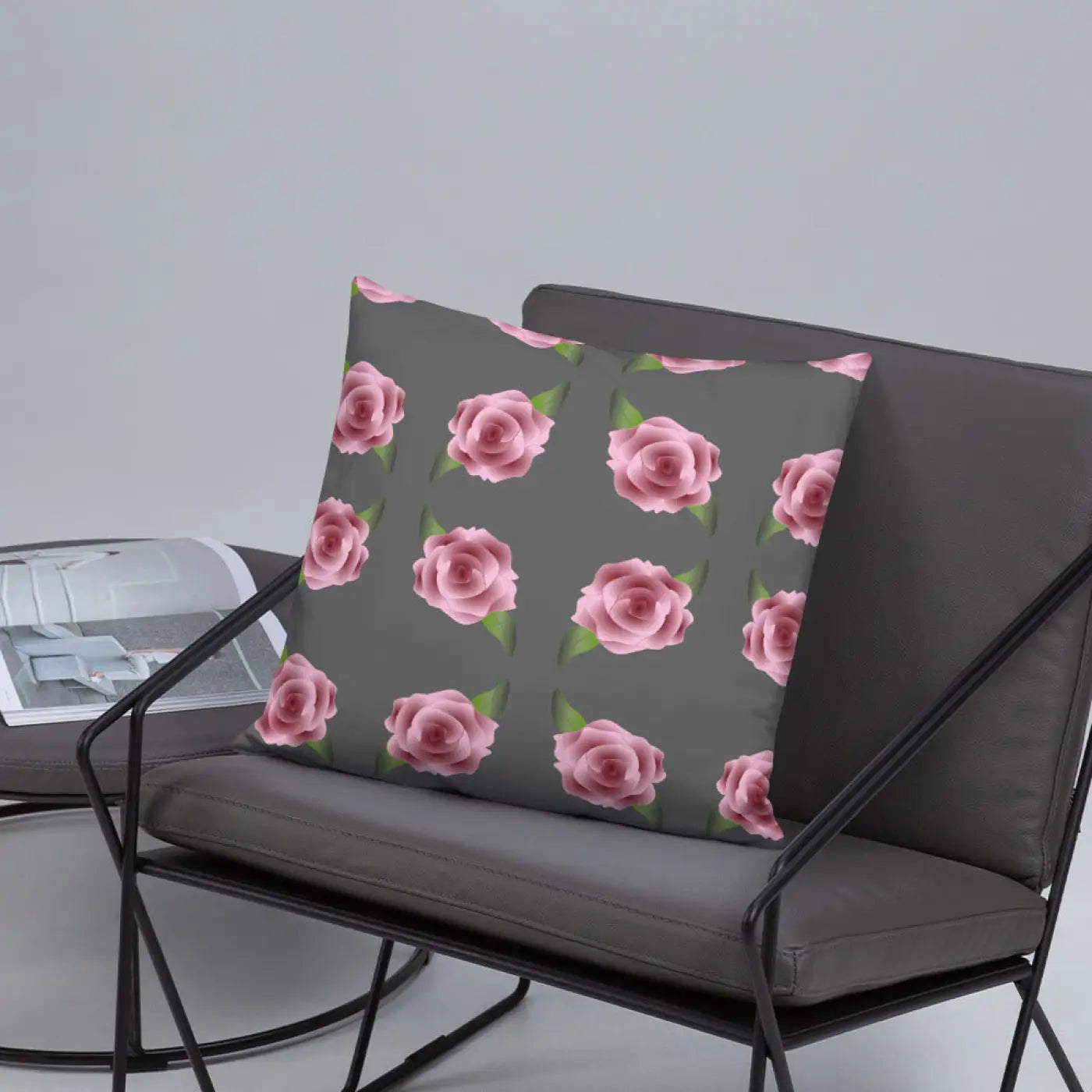 Grey Throw Pillows with Pink Roses - Concealed Zipper - DipaliZ