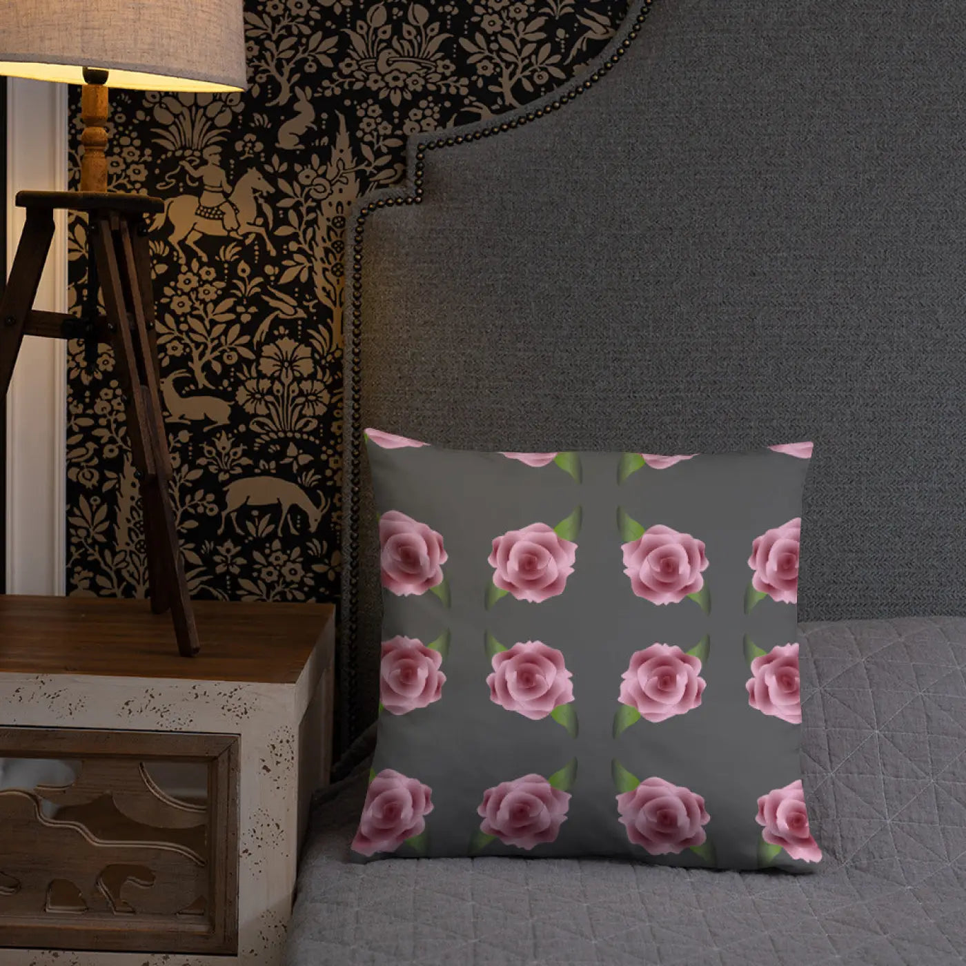 Grey Throw Pillows with Pink Roses - Concealed Zipper - DipaliZ