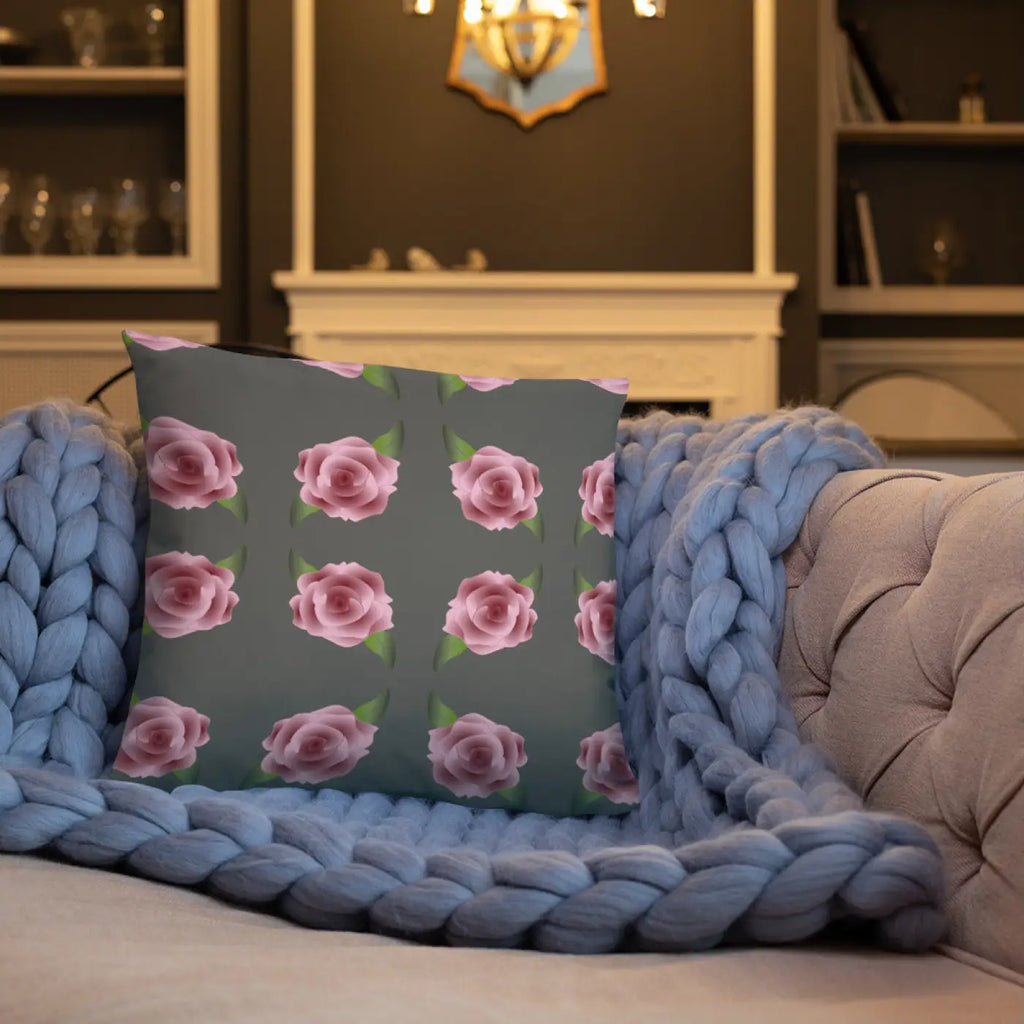 Grey Throw Pillows with Pink Roses - Concealed Zipper - DipaliZ