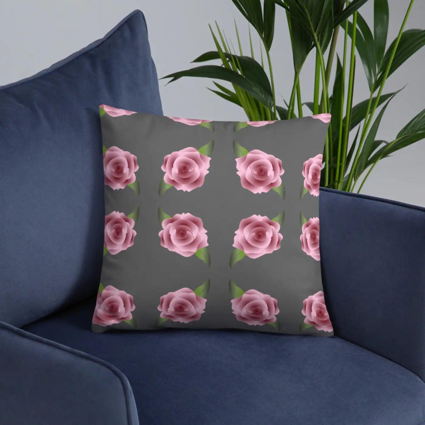 Grey Throw Pillows with Pink Roses - Concealed Zipper - DipaliZ