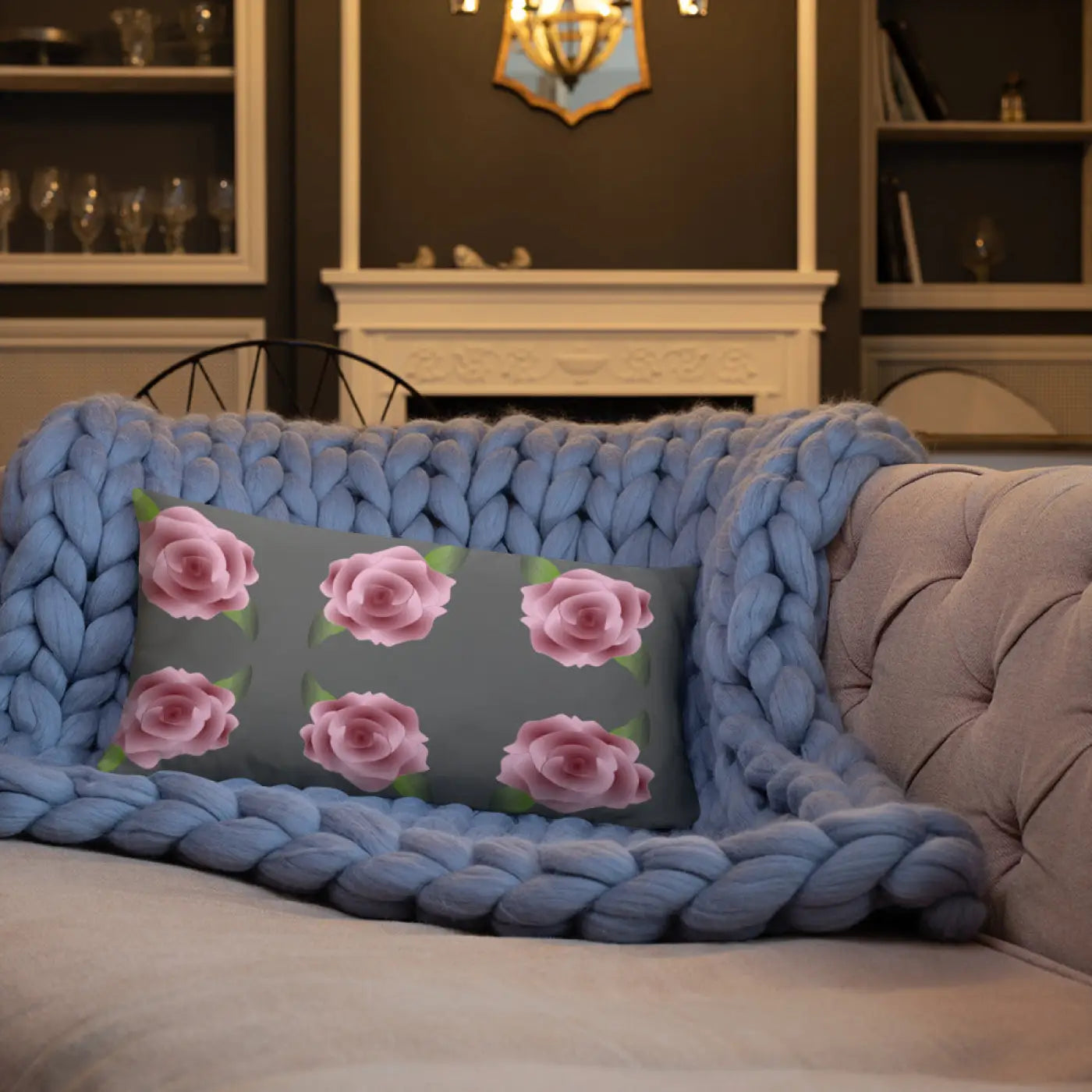 Grey Throw Pillows with Pink Roses - Concealed Zipper - DipaliZ