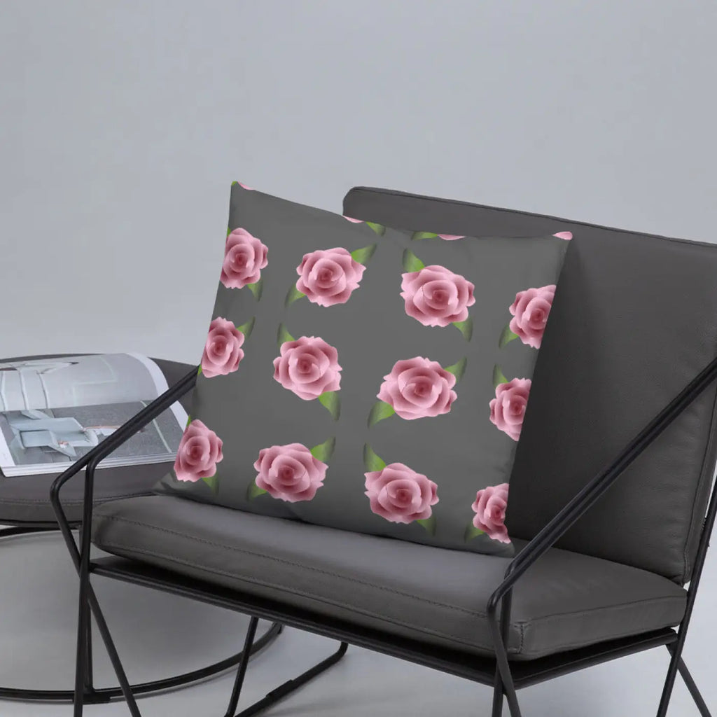 Grey Throw Pillows with Pink Roses - Concealed Zipper - DipaliZ