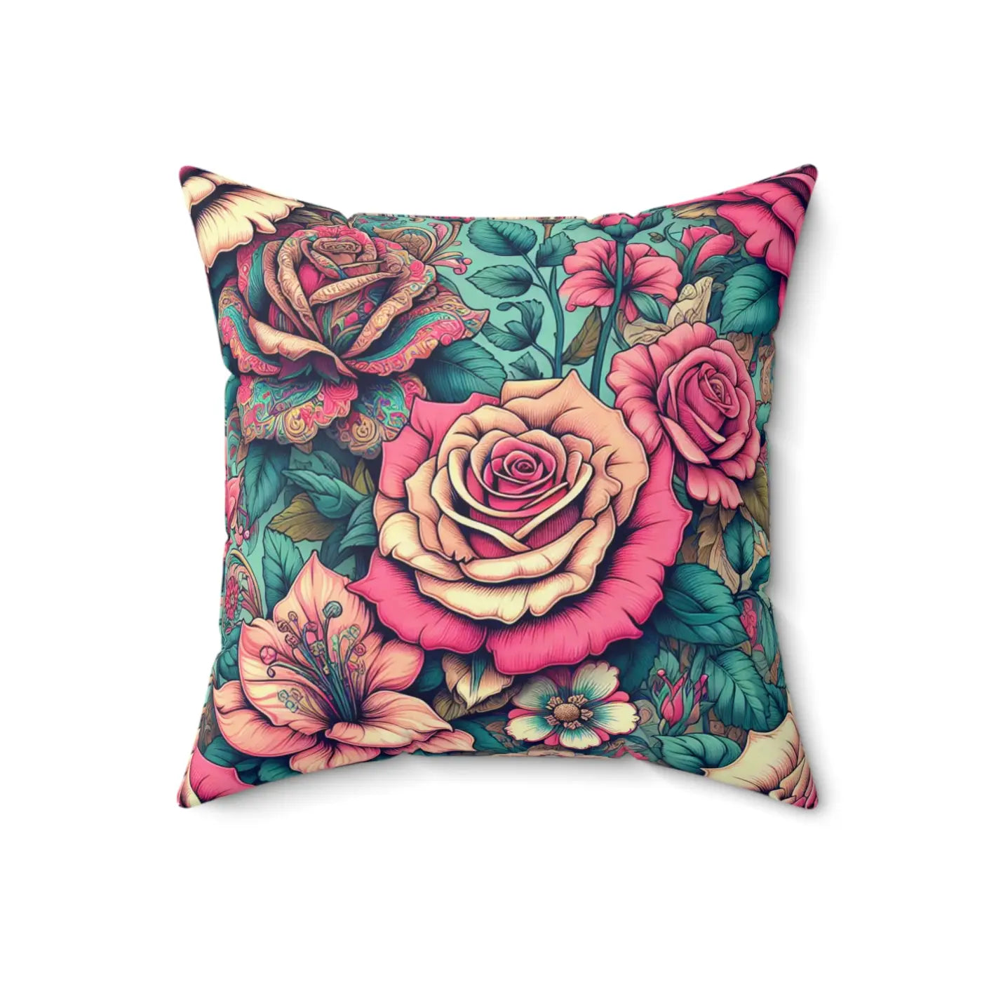 Pink Roses Spun Polyester Square Pillow - Vibrant Home Decor - DipaliZ