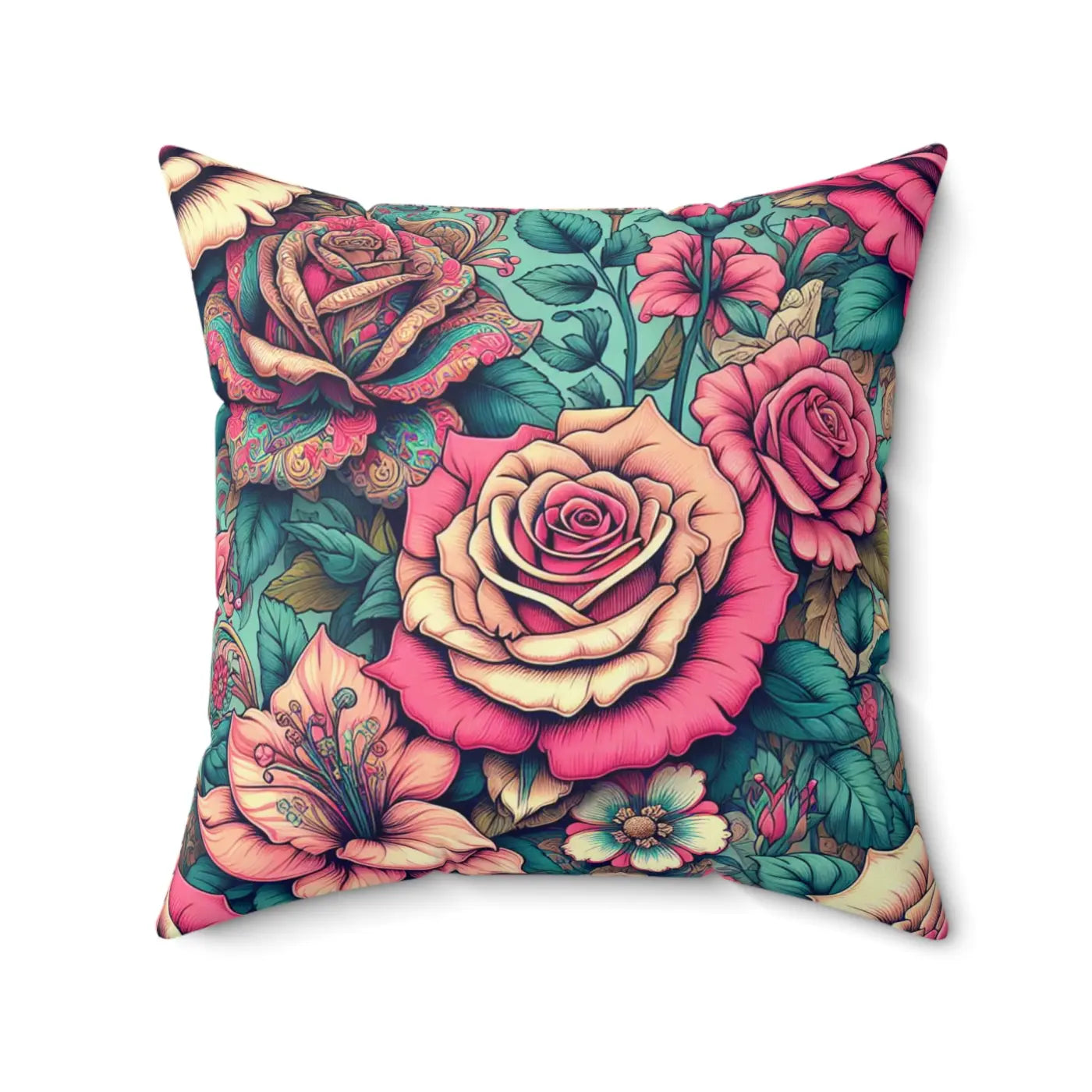 Pink Roses Spun Polyester Square Pillow - Vibrant Home Decor - DipaliZ
