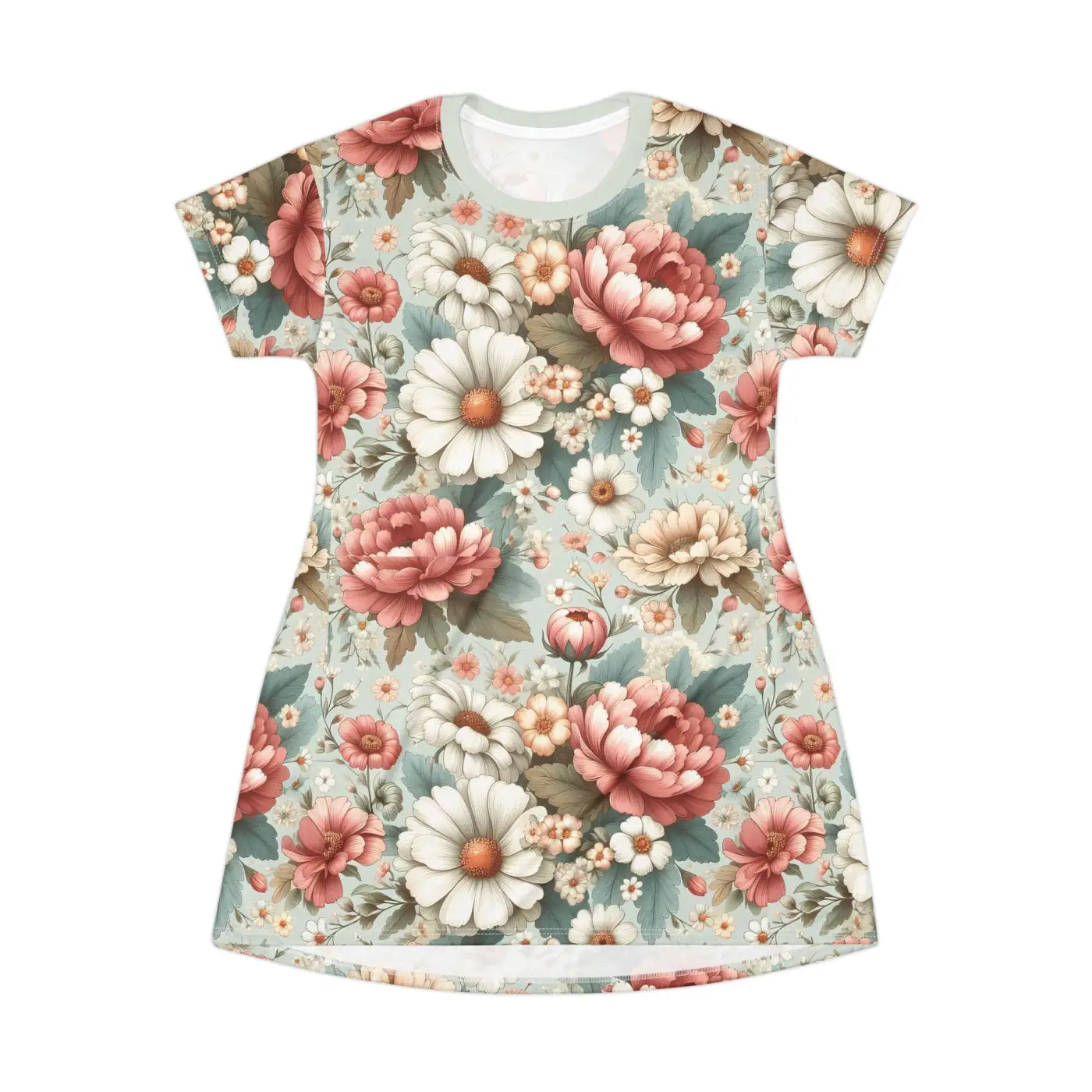 White Flowers T-Shirt Dress - Pink Floral Everyday Wear - DipaliZ