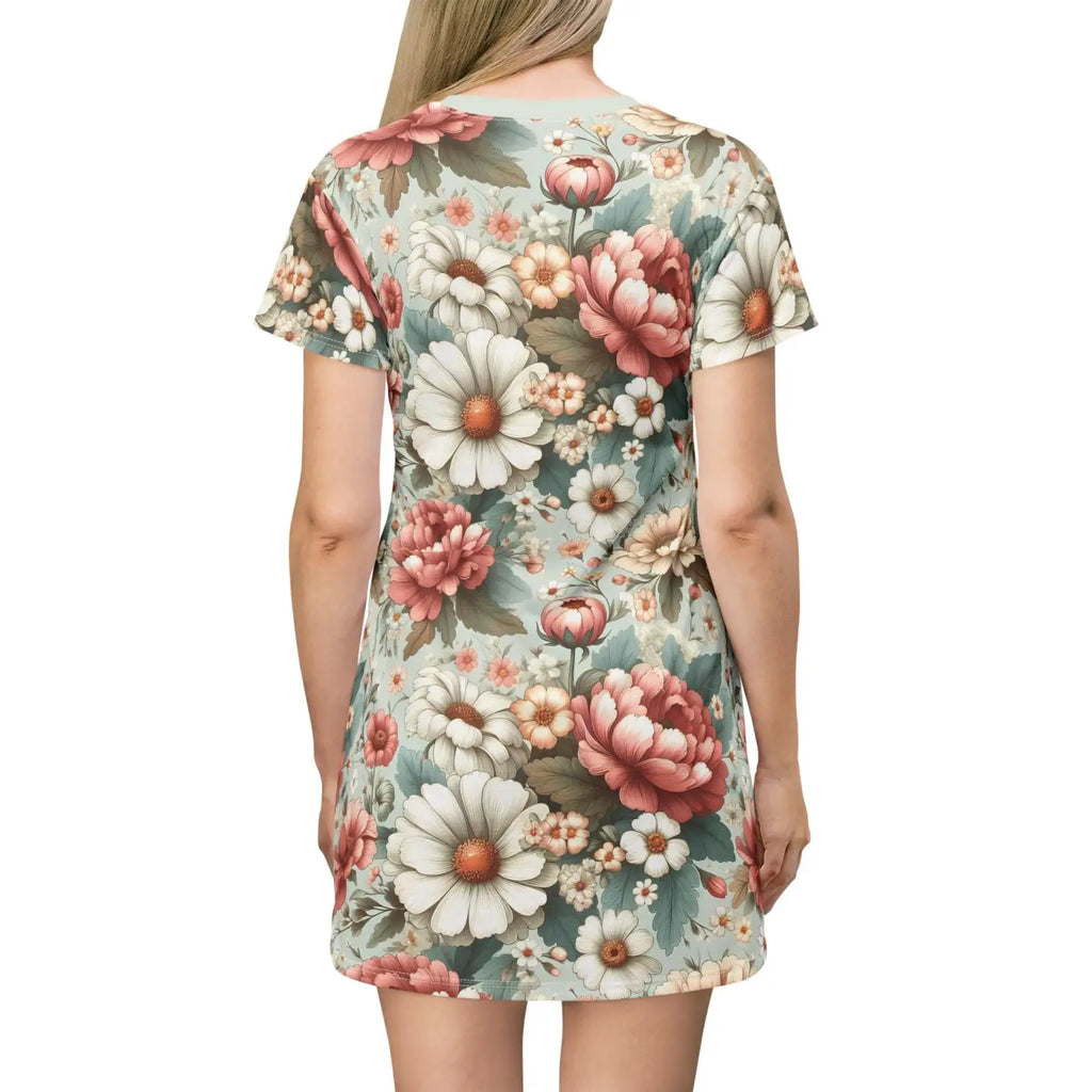White Flowers T-Shirt Dress - Pink Floral Everyday Wear - DipaliZ