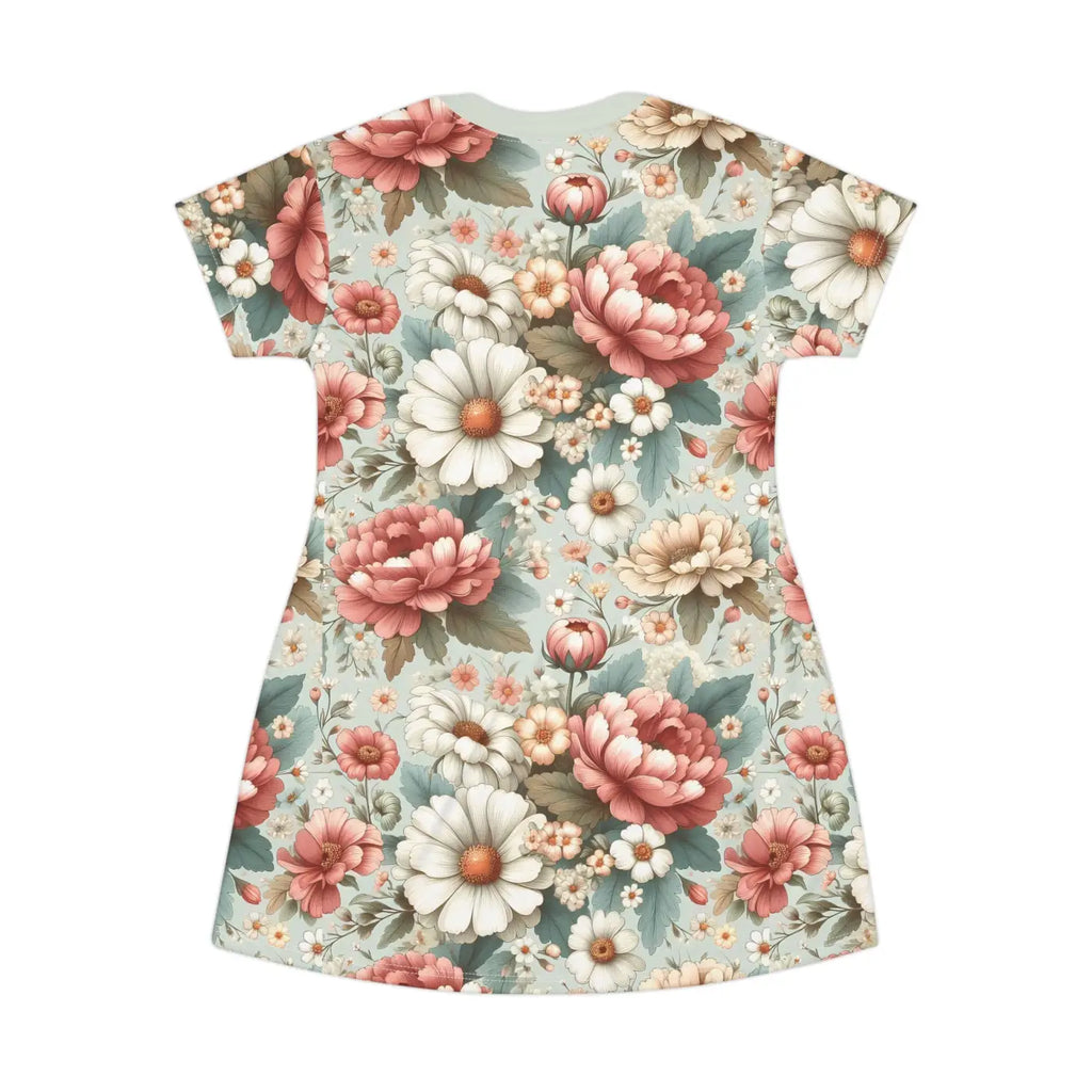 White Flowers T-Shirt Dress - Pink Floral Everyday Wear - DipaliZ