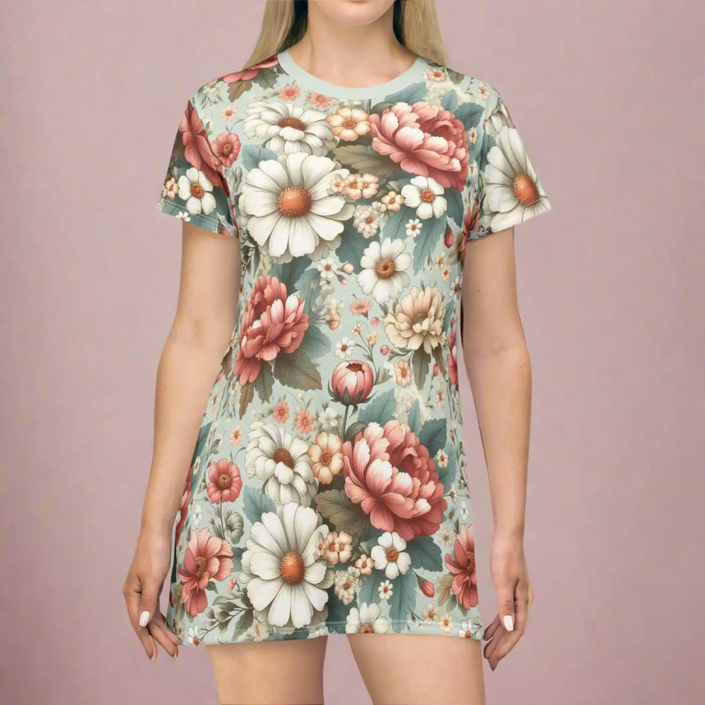 White Flowers T-Shirt Dress - Pink Floral Everyday Wear - DipaliZ