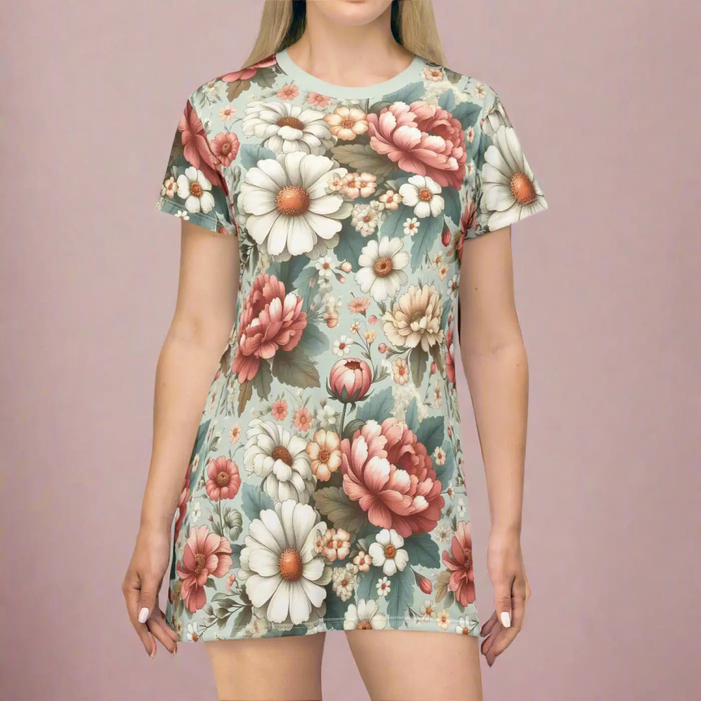 White Flowers T-Shirt Dress - Pink Floral Everyday Wear - DipaliZ