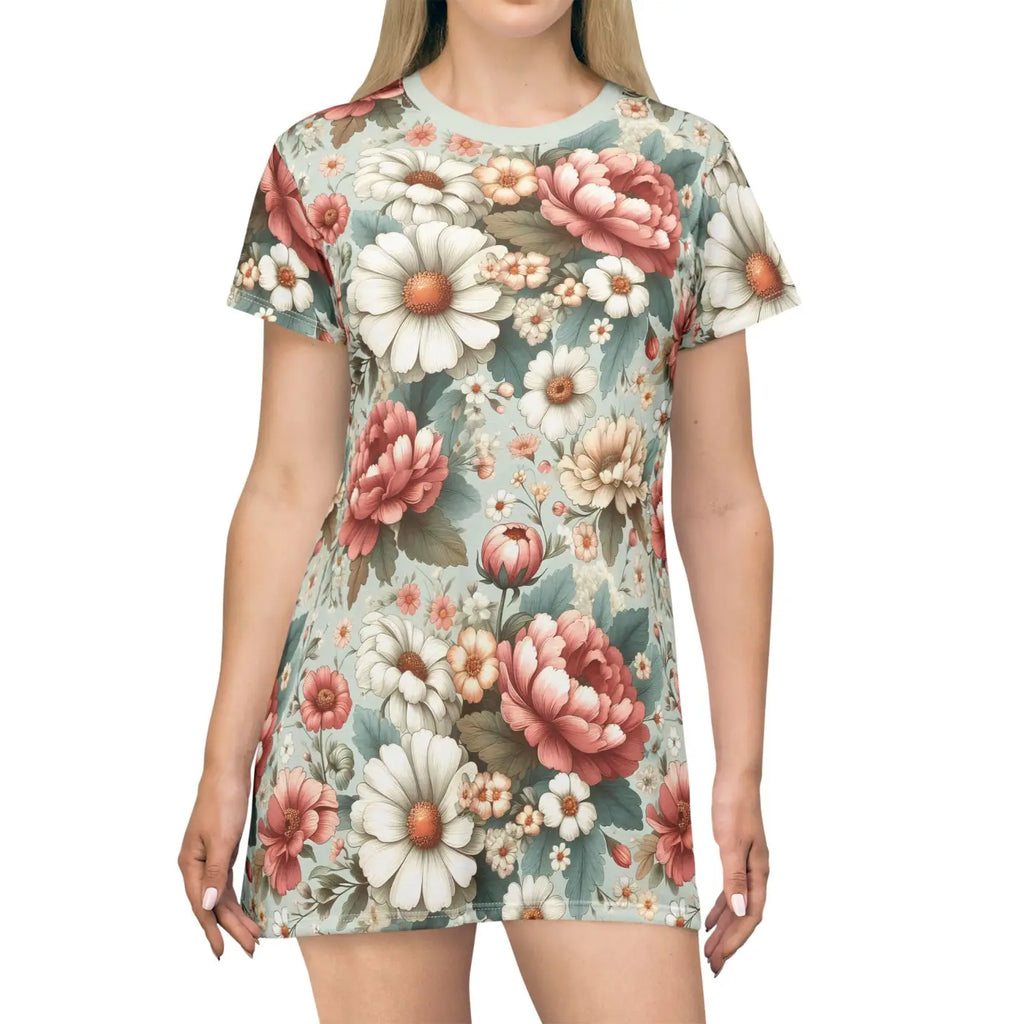 White Flowers T-Shirt Dress - Pink Floral Everyday Wear - DipaliZ