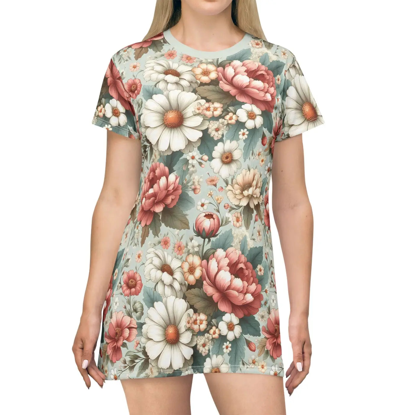 White Flowers T-Shirt Dress - Pink Floral Everyday Wear - DipaliZ