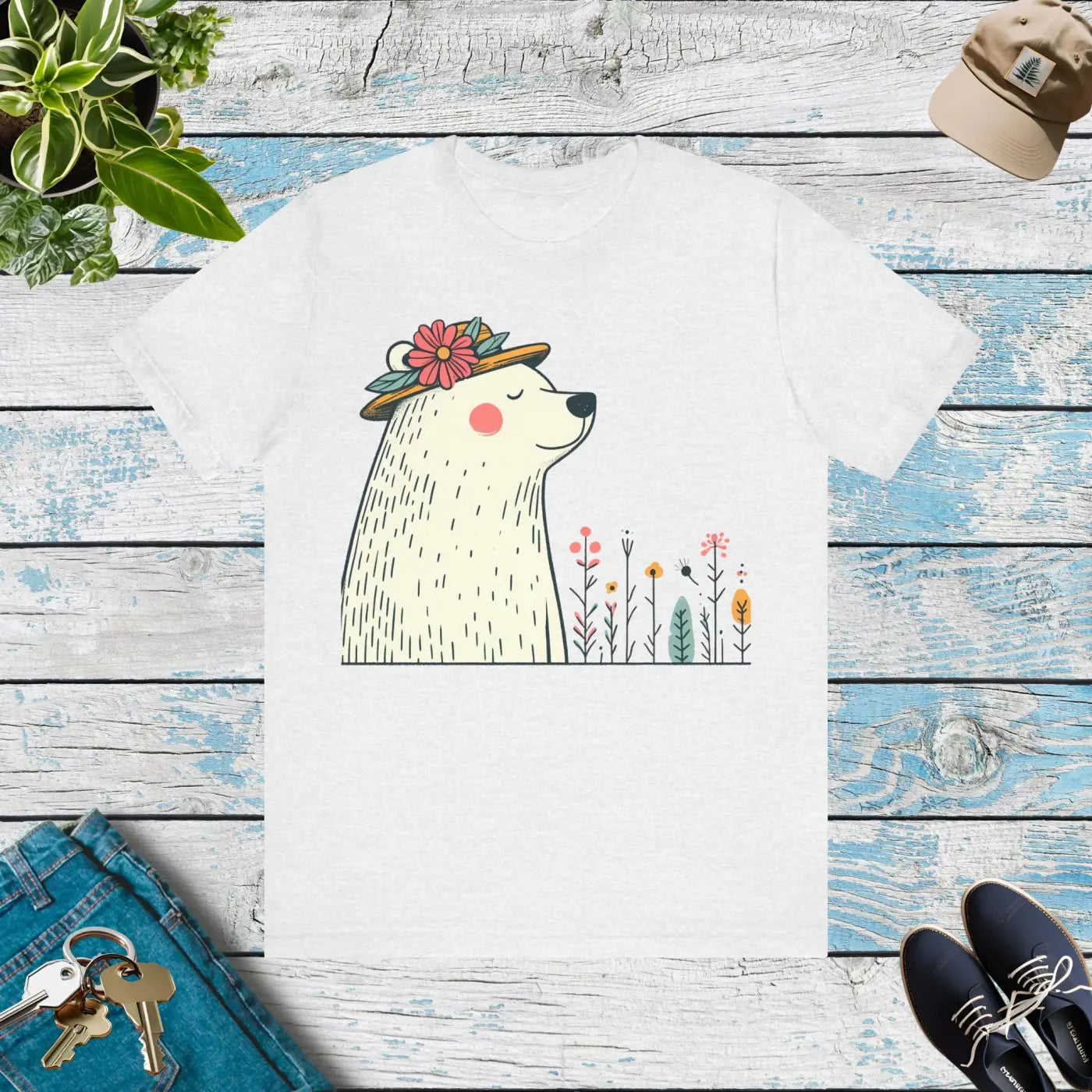 Polar Bear Flower Hat Feel-Good Unisex Jersey Tee - DipaliZ