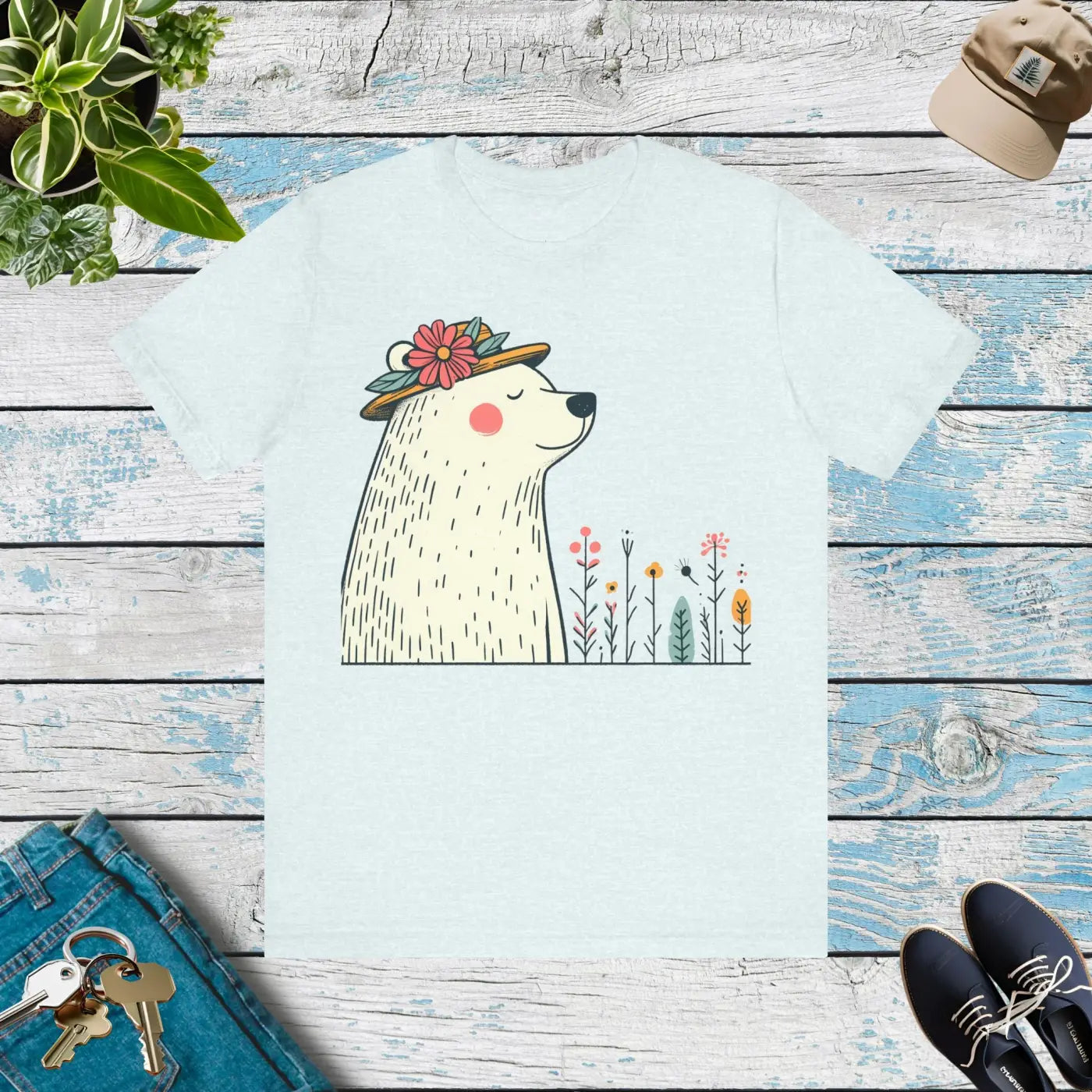 Polar Bear Flower Hat Feel-Good Unisex Jersey Tee - DipaliZ