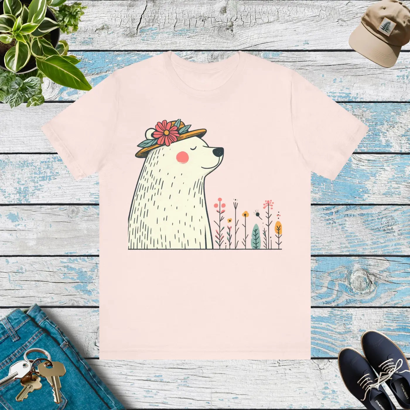 Polar Bear Flower Hat Feel-Good Unisex Jersey Tee - DipaliZ