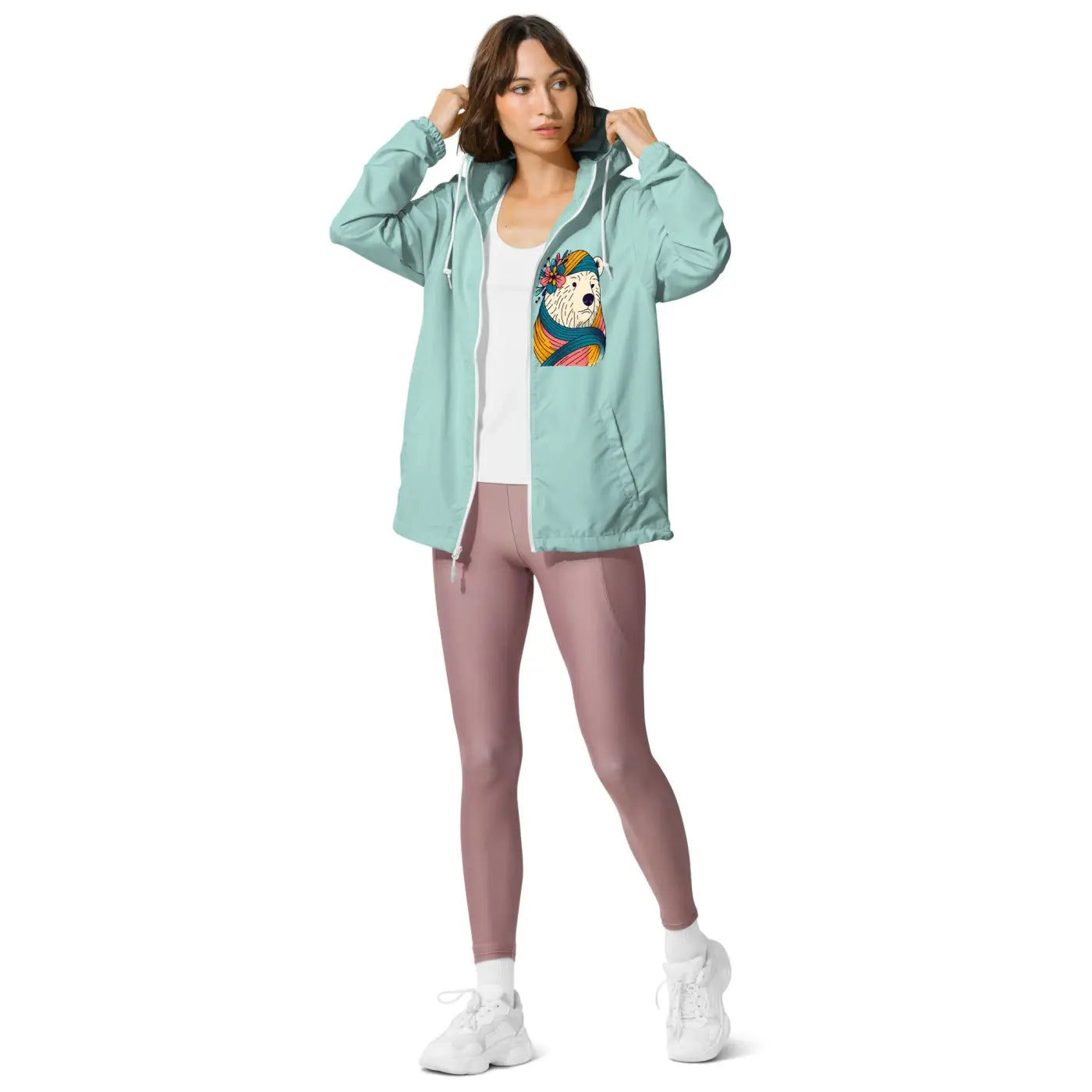 Unisex Lightweight Zip Windbreaker - Polar Bear Floral - DipaliZ