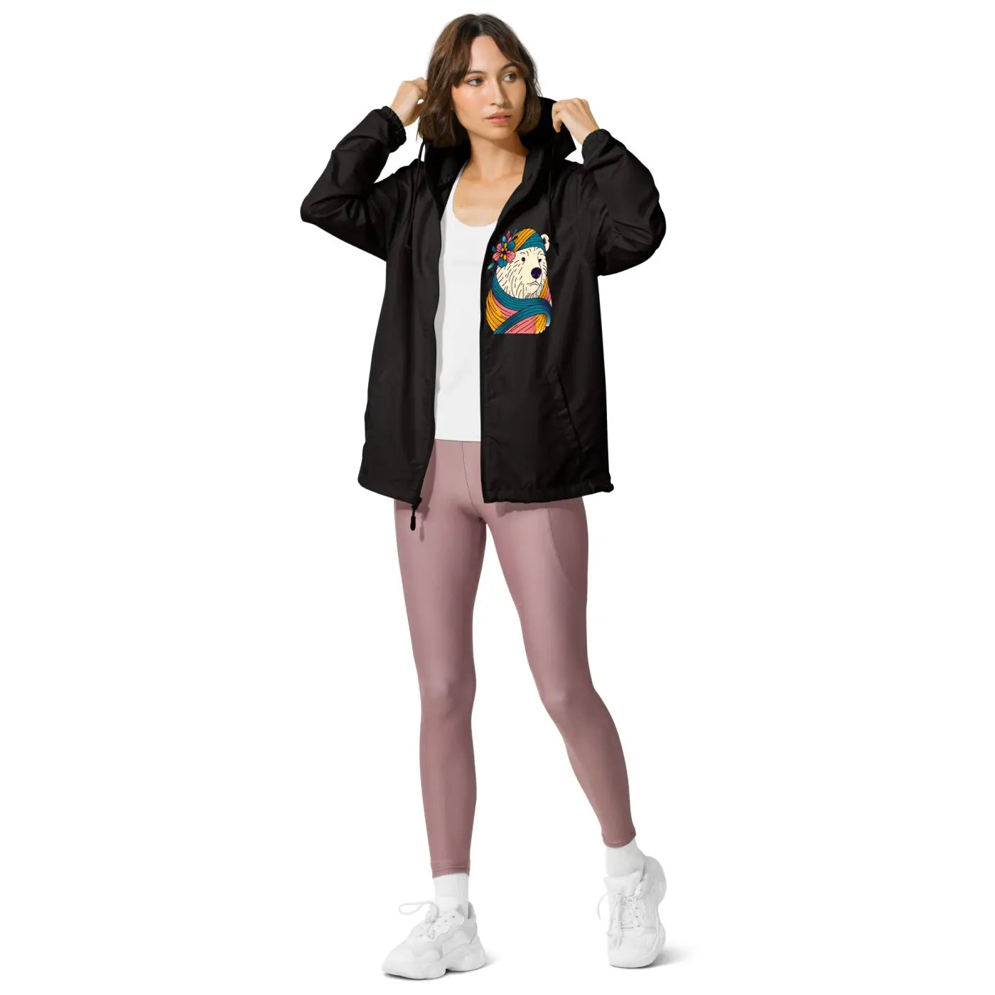 Unisex Lightweight Zip Windbreaker - Polar Bear Floral - DipaliZ
