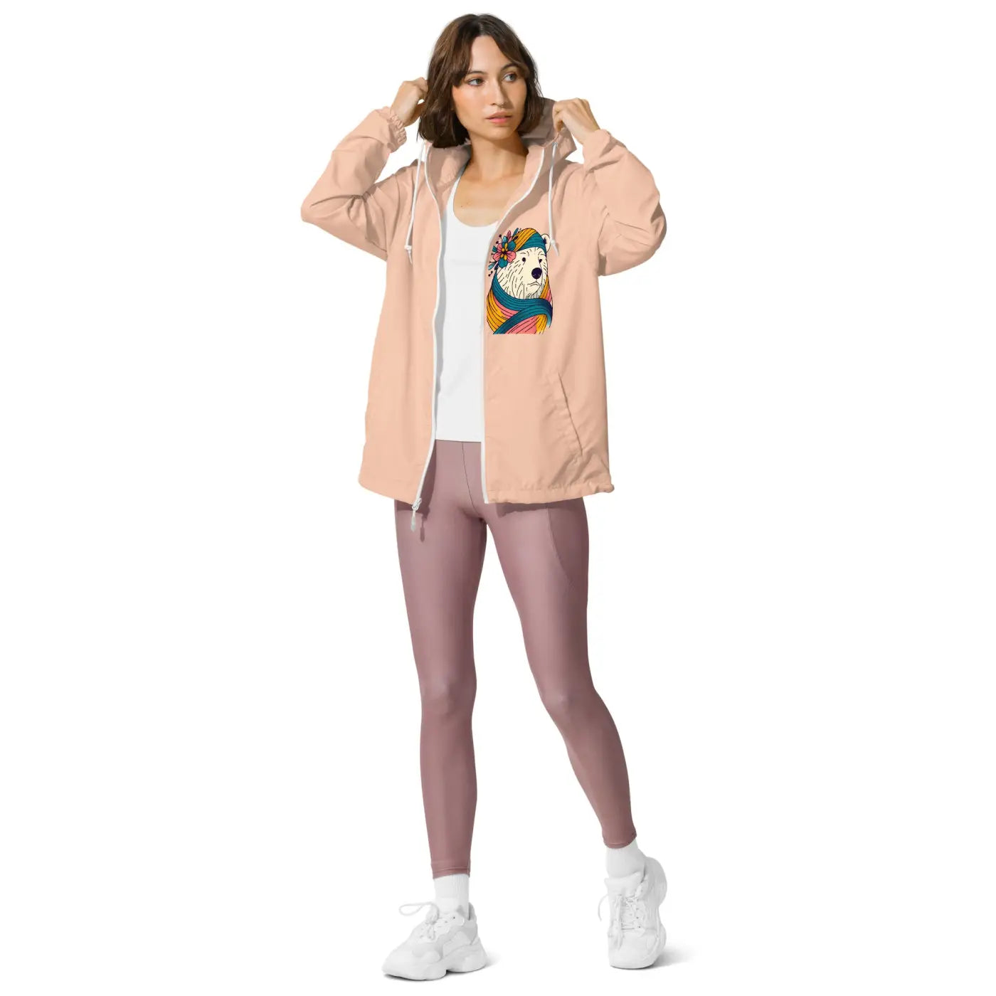 Unisex Lightweight Zip Windbreaker - Polar Bear Floral - DipaliZ