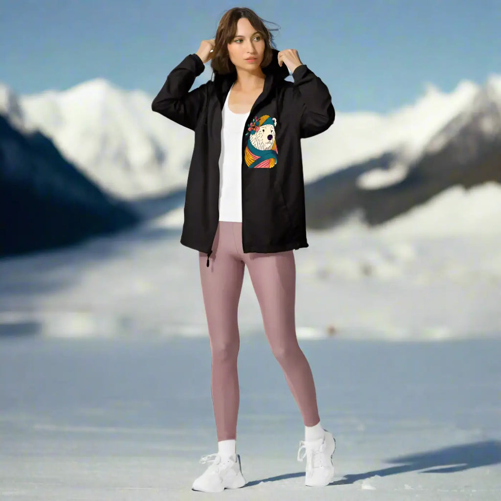 Unisex Lightweight Zip Windbreaker - Polar Bear Floral - DipaliZ