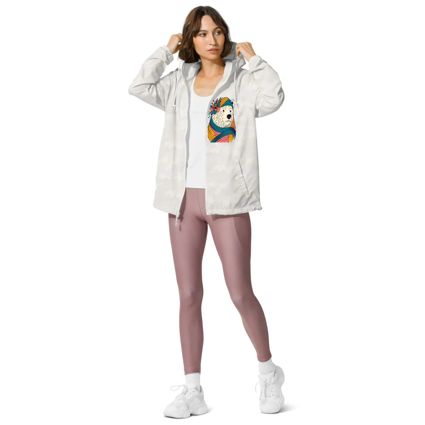 Unisex Lightweight Zip Windbreaker - Polar Bear Floral - DipaliZ