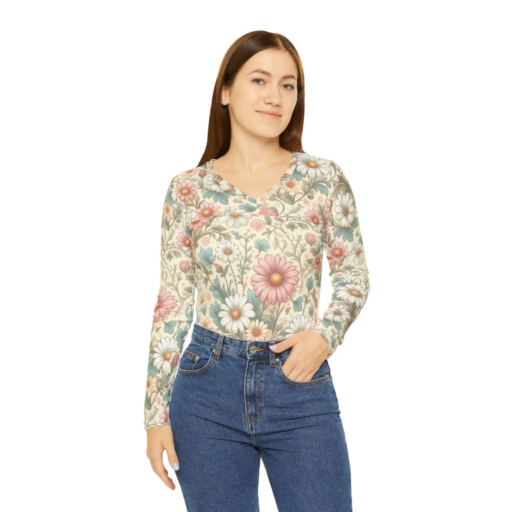 Pretty Pastel Flowers V-Neck Long Sleeve Shirt - DipaliZ