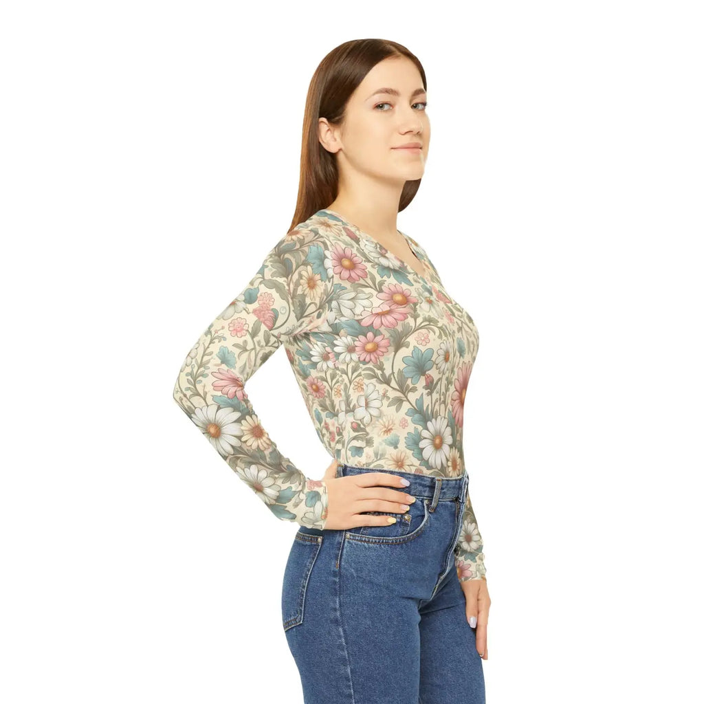 Pretty Pastel Flowers V-Neck Long Sleeve Shirt - DipaliZ
