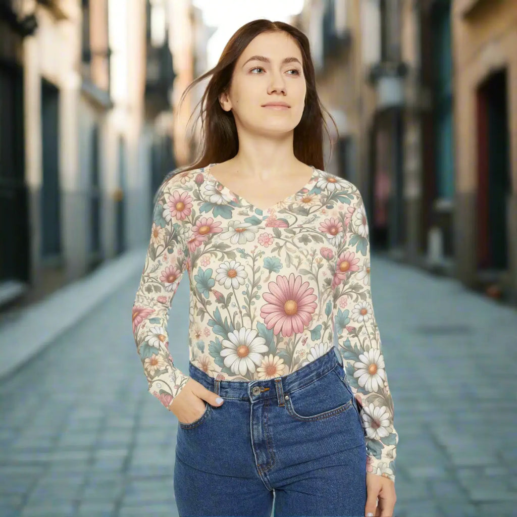 Pretty Pastel Flowers V-Neck Long Sleeve Shirt - DipaliZ