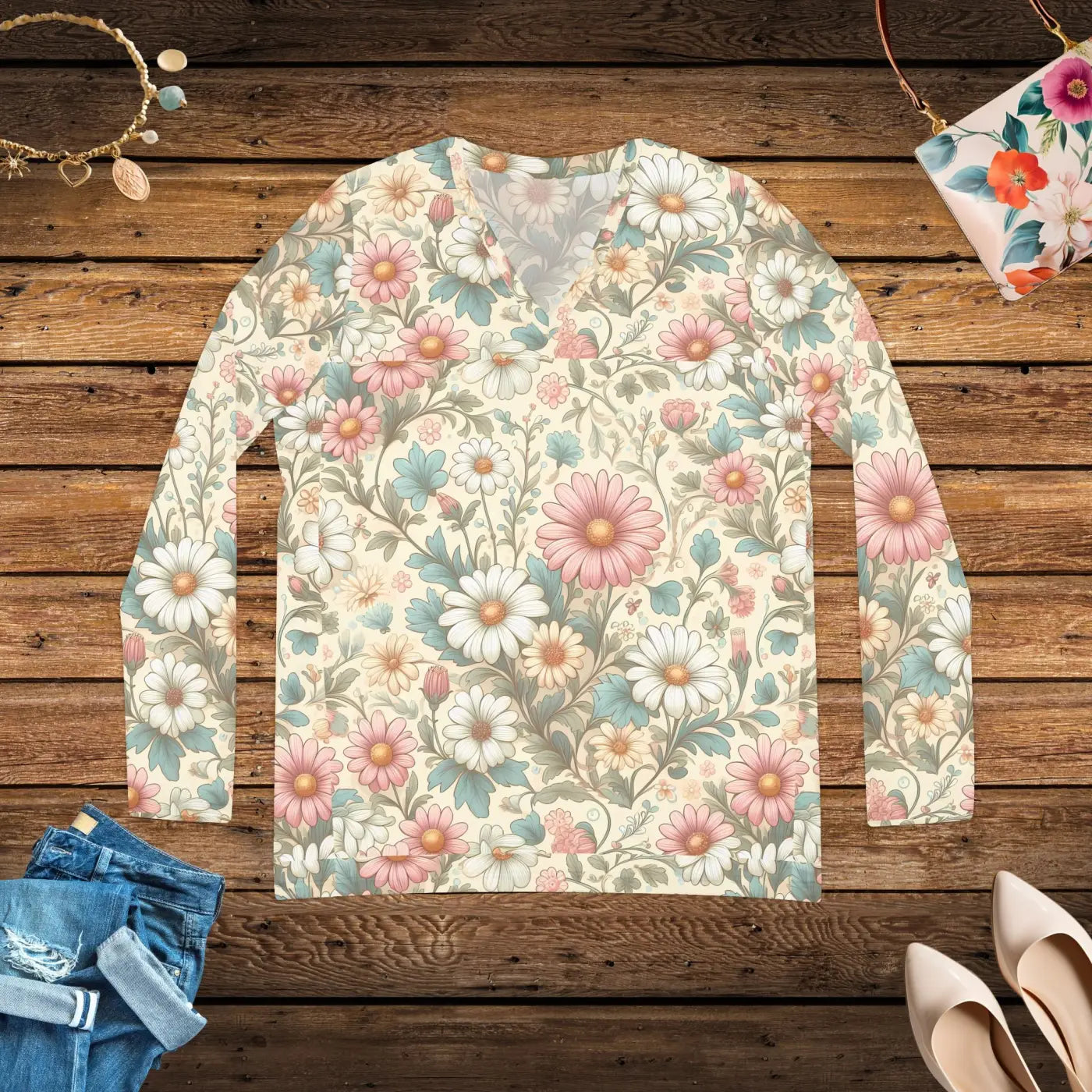 Pretty Pastel Flowers V-Neck Long Sleeve Shirt - DipaliZ