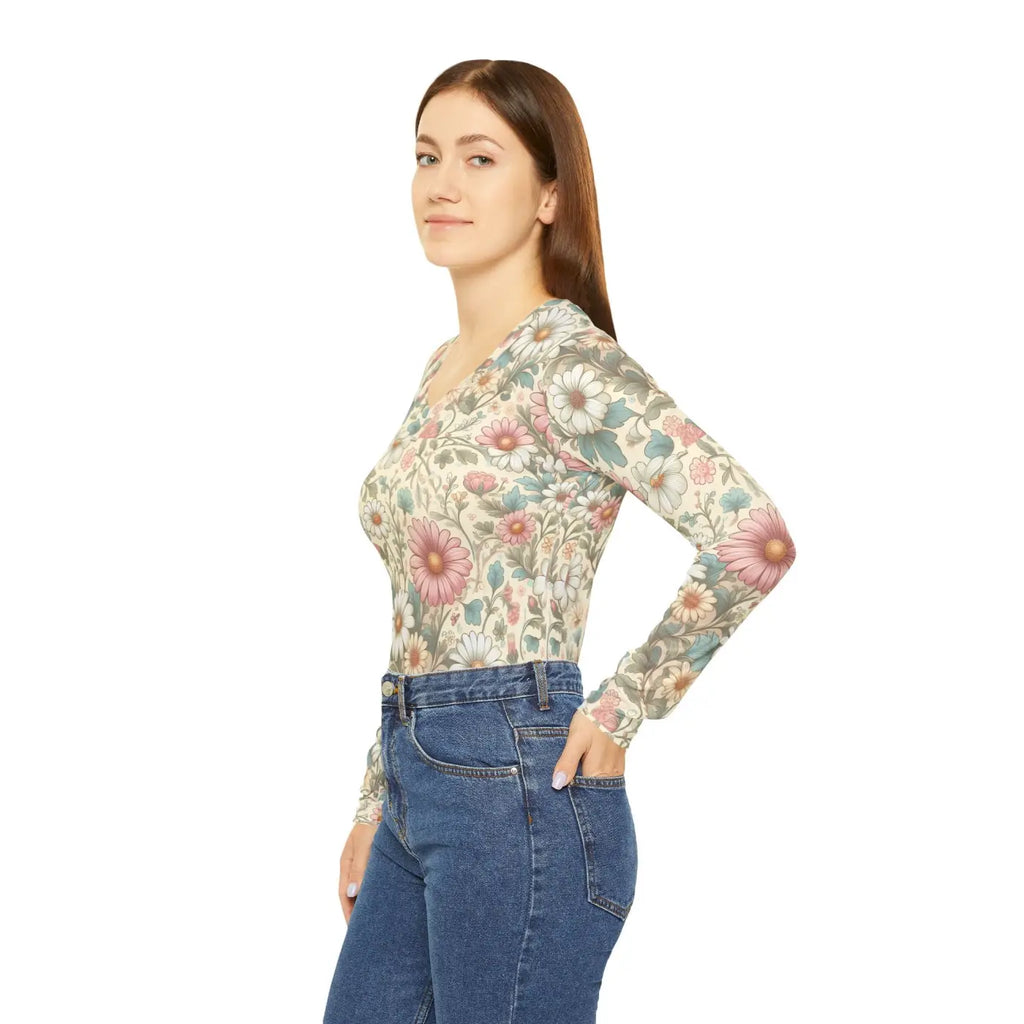 Pretty Pastel Flowers V-Neck Long Sleeve Shirt - DipaliZ