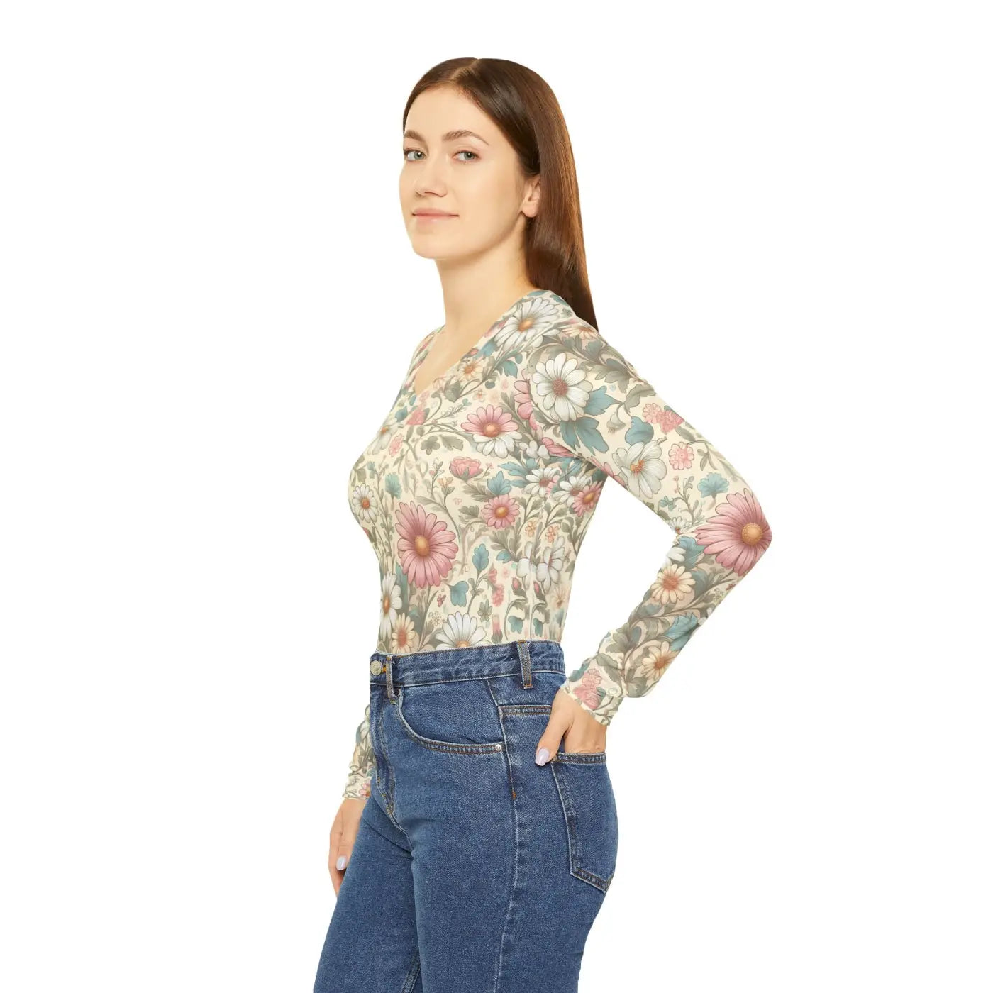 Pretty Pastel Flowers V-Neck Long Sleeve Shirt - DipaliZ