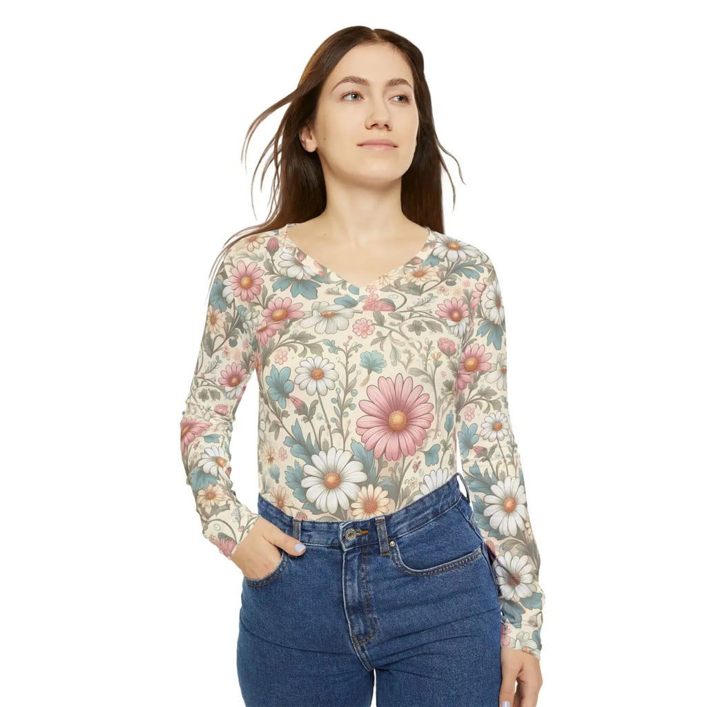 Pretty Pastel Flowers V-Neck Long Sleeve Shirt - DipaliZ