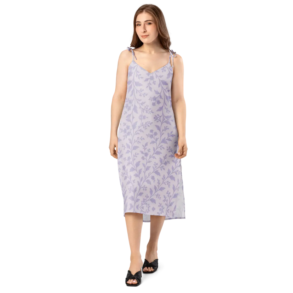 Midi Dress - Purple Floral Vines Built-In Bra - DipaliZ