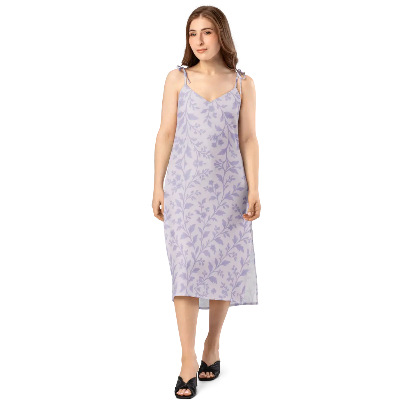 Midi Dress - Purple Floral Vines Built-In Bra - DipaliZ