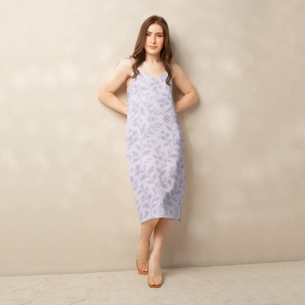 Midi Dress - Purple Floral Vines Built-In Bra - DipaliZ