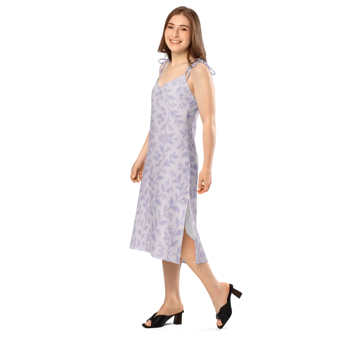 Midi Dress - Purple Floral Vines Built-In Bra - DipaliZ
