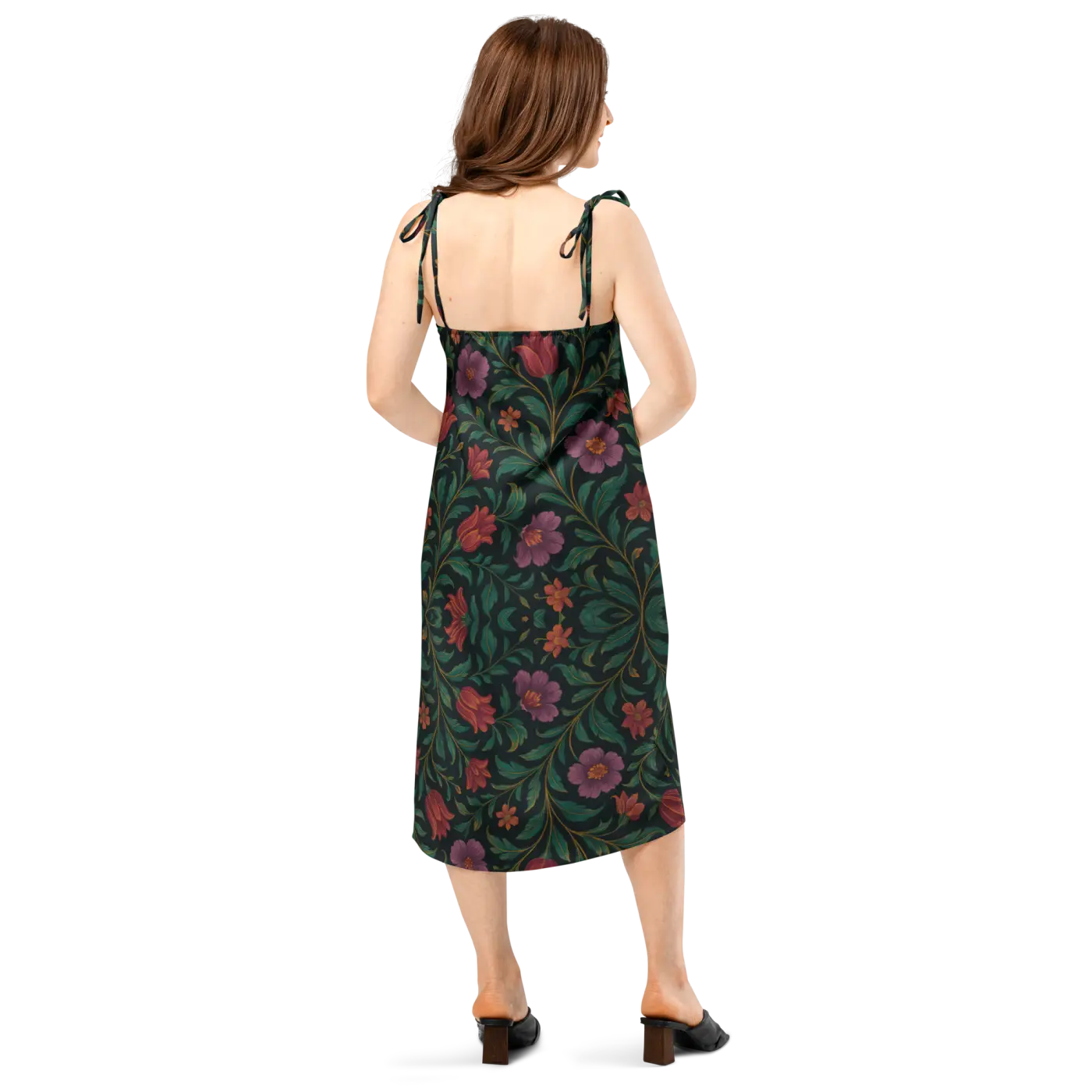 Purple Red Blooms Midi Dress - Adjustable Tie Straps - DipaliZ