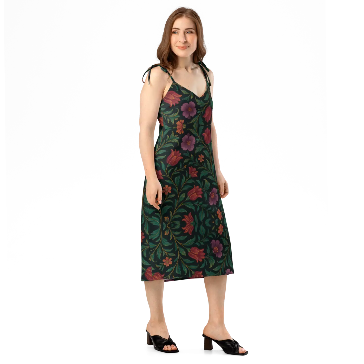 Purple Red Blooms Midi Dress - Adjustable Tie Straps - DipaliZ