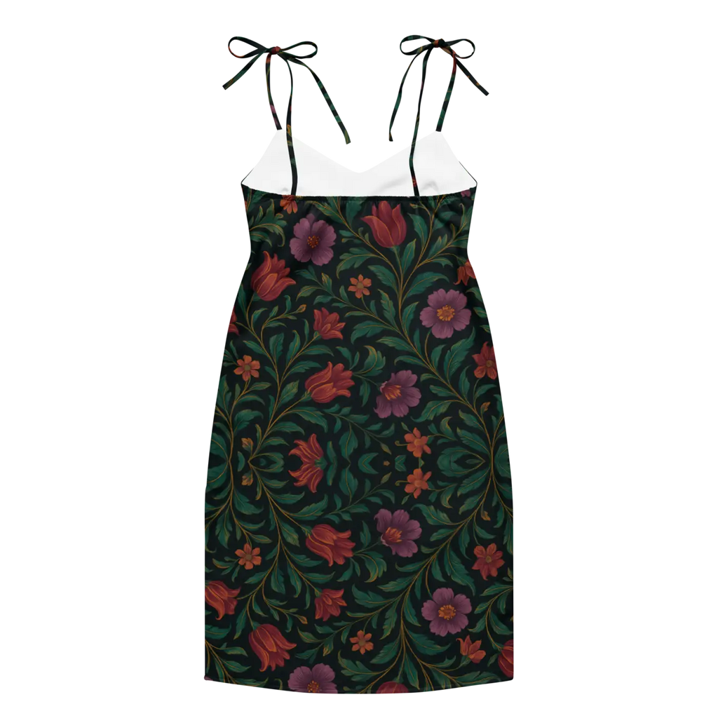 Purple Red Blooms Midi Dress - Adjustable Tie Straps - DipaliZ