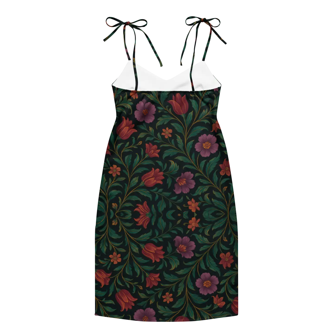 Purple Red Blooms Midi Dress - Adjustable Tie Straps - DipaliZ