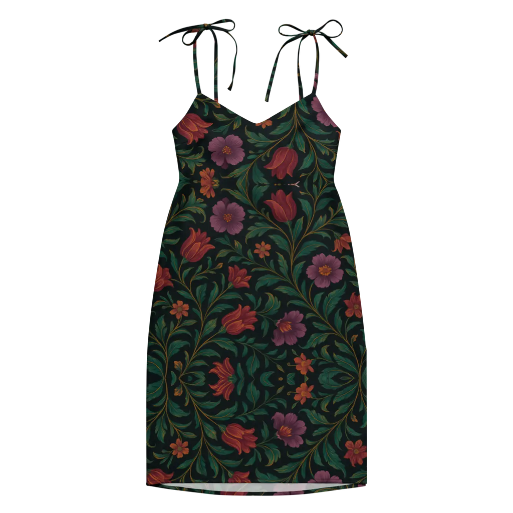 Purple Red Blooms Midi Dress - Adjustable Tie Straps - DipaliZ
