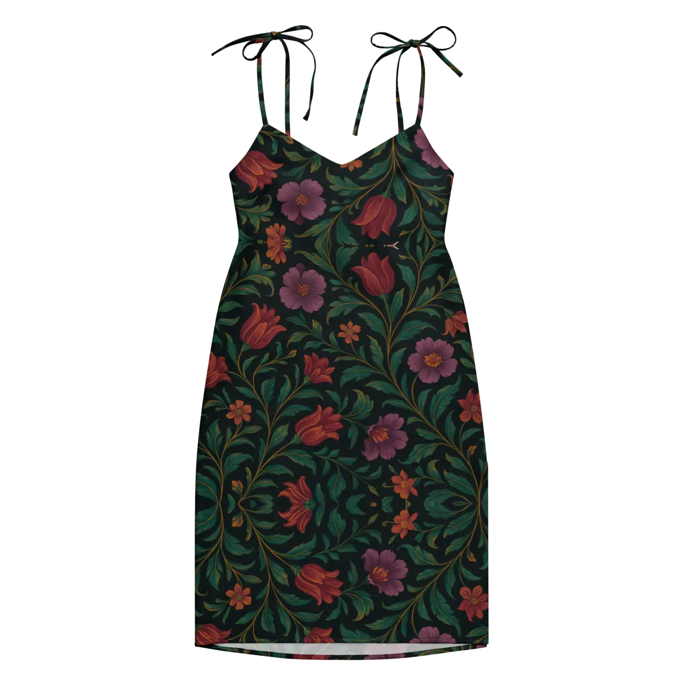 Purple Red Blooms Midi Dress - Adjustable Tie Straps - DipaliZ