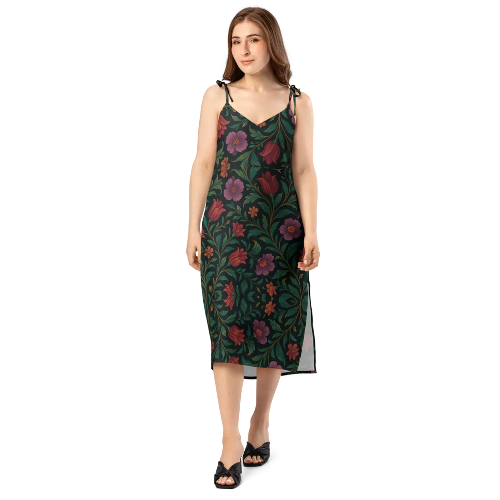 Purple Red Blooms Midi Dress - Adjustable Tie Straps - DipaliZ