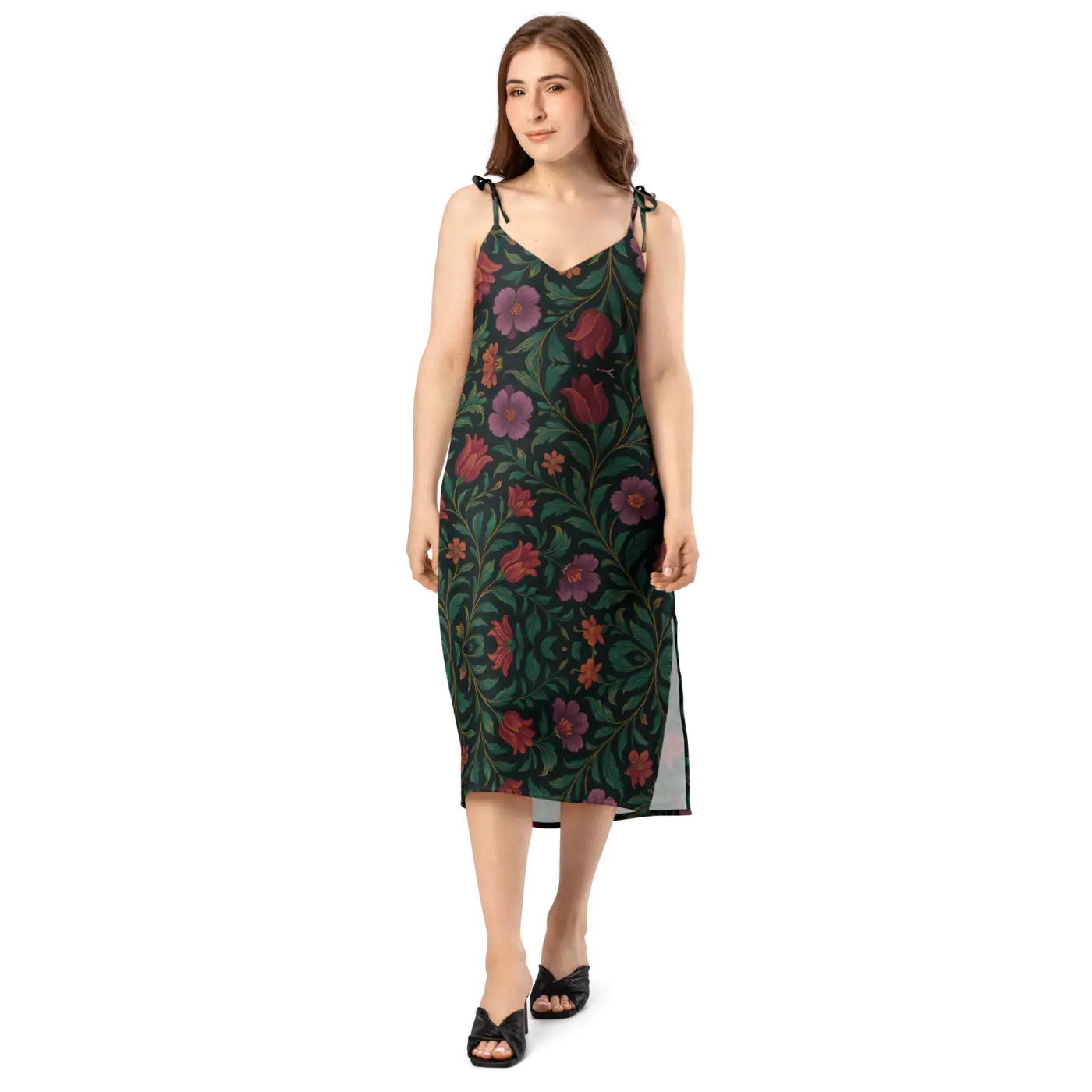 Purple Red Blooms Midi Dress - Adjustable Tie Straps - DipaliZ