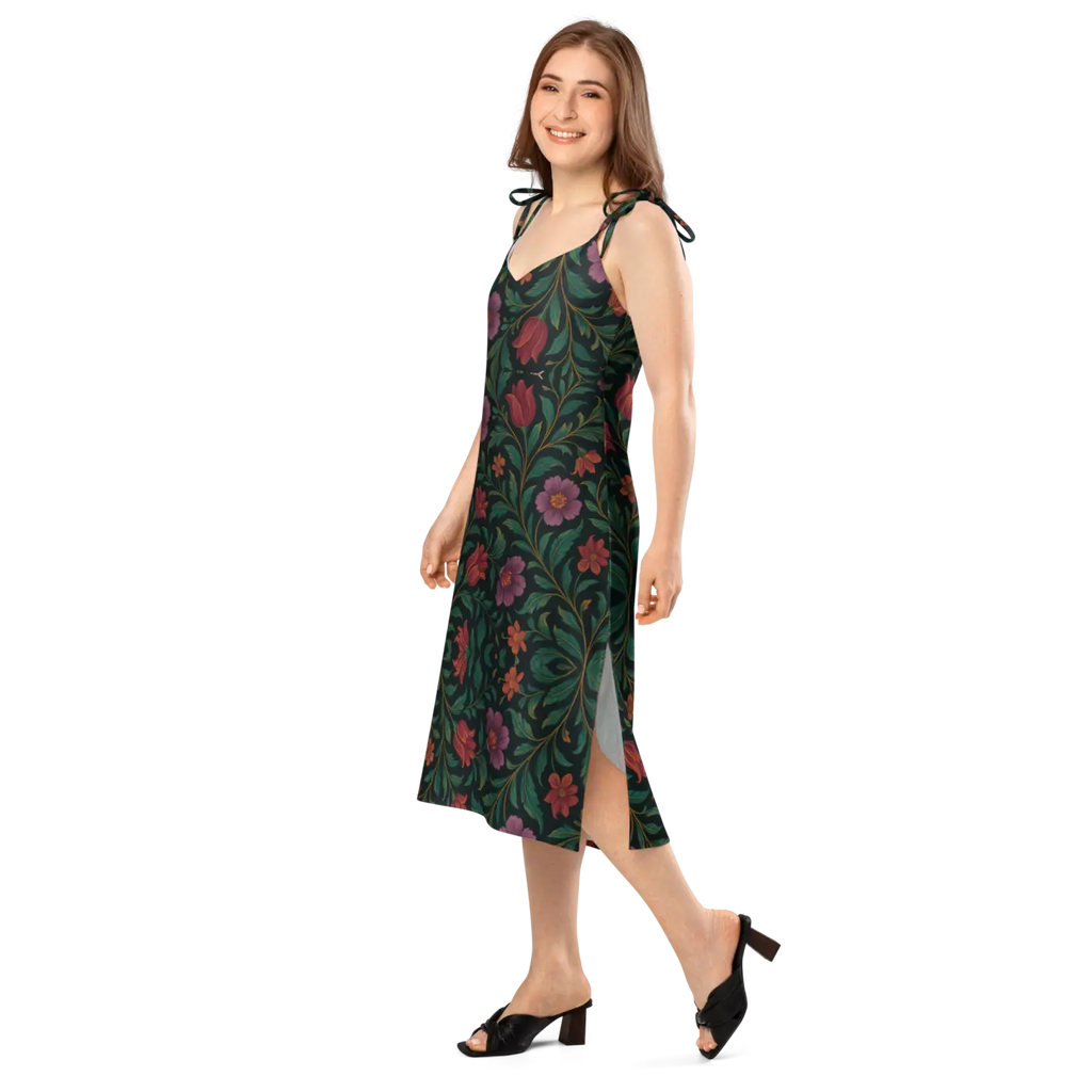 Purple Red Blooms Midi Dress - Adjustable Tie Straps - DipaliZ