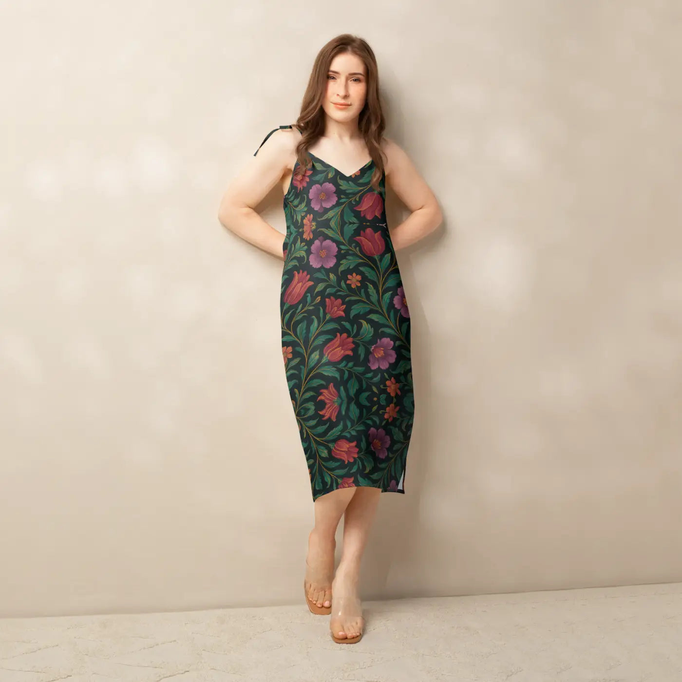 Purple Red Blooms Midi Dress - Adjustable Tie Straps - DipaliZ