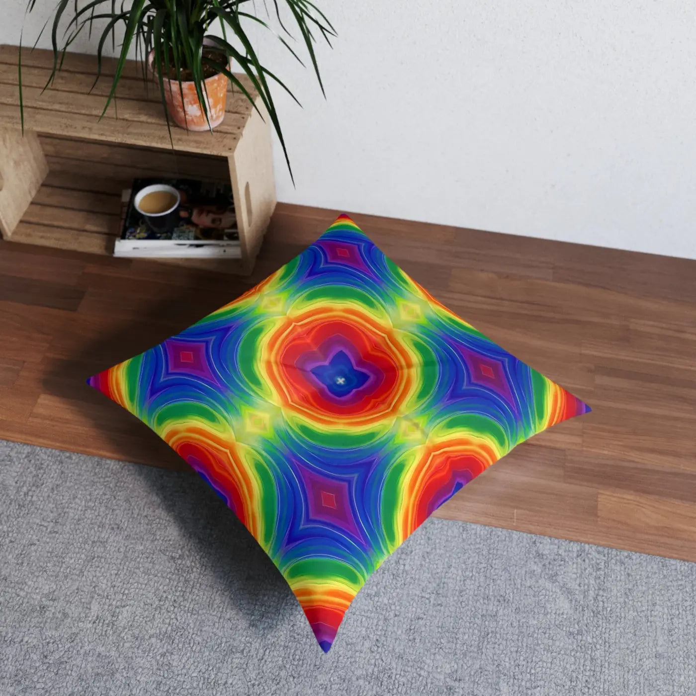 Vibrant Boho Rainbow Tufted Floor Pillow - Kaleidoscope Style - DipaliZ